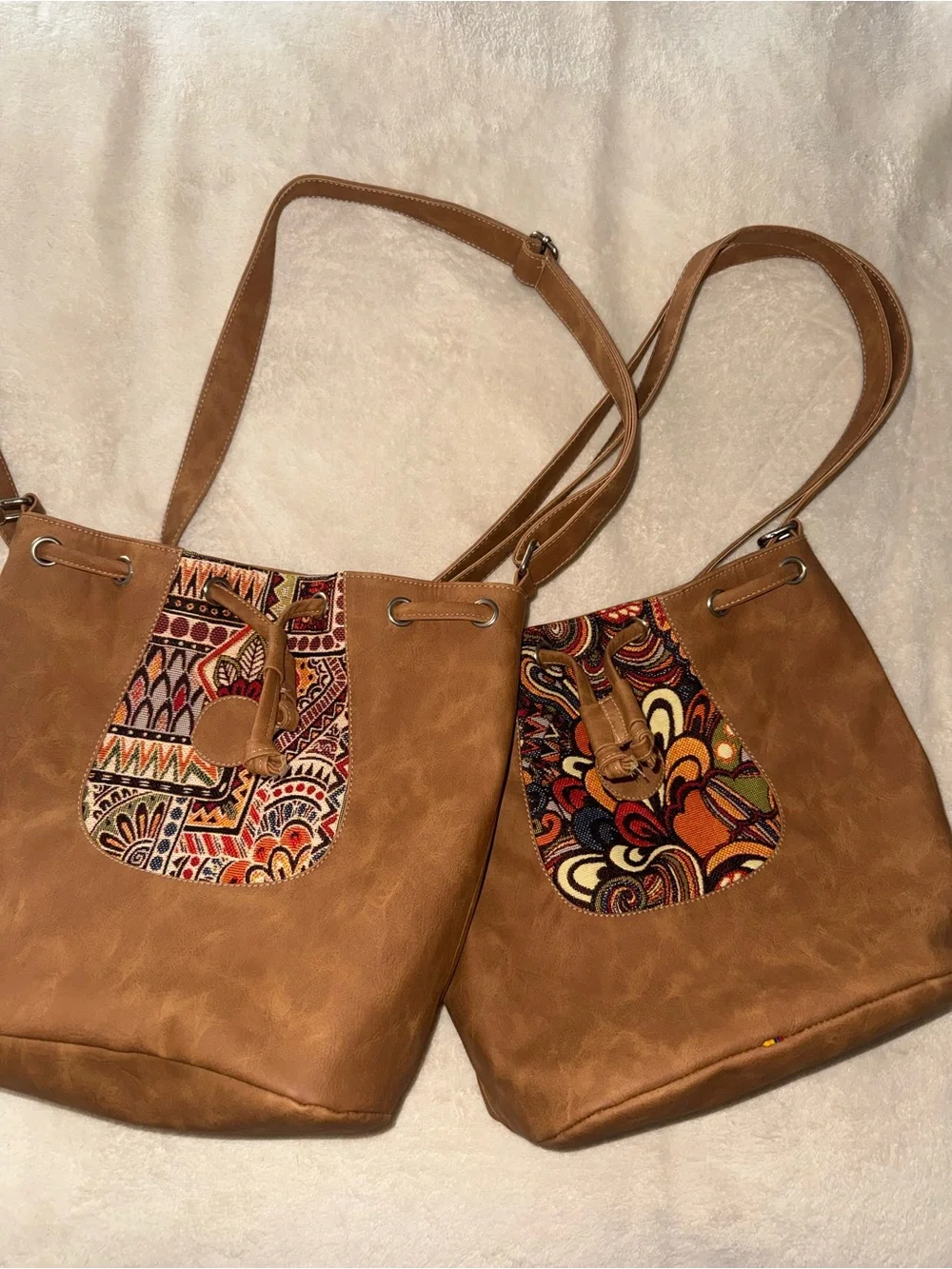 Brown Faux Leather Bucket Bags